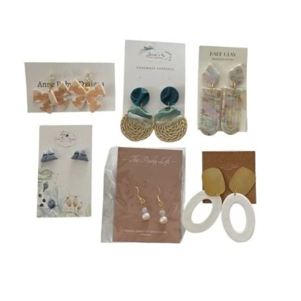 Bundle of 6 Handmade Clay Earrings Butterfly Pearl Dangly Glamorous